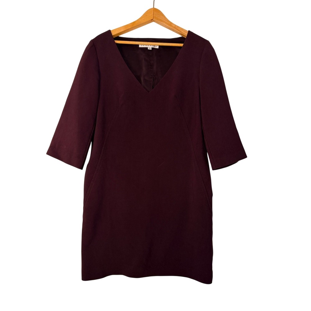 Trina Turk Burgundy Plum V-Neck Shift Dress Pockets Size 4 Office Work Business